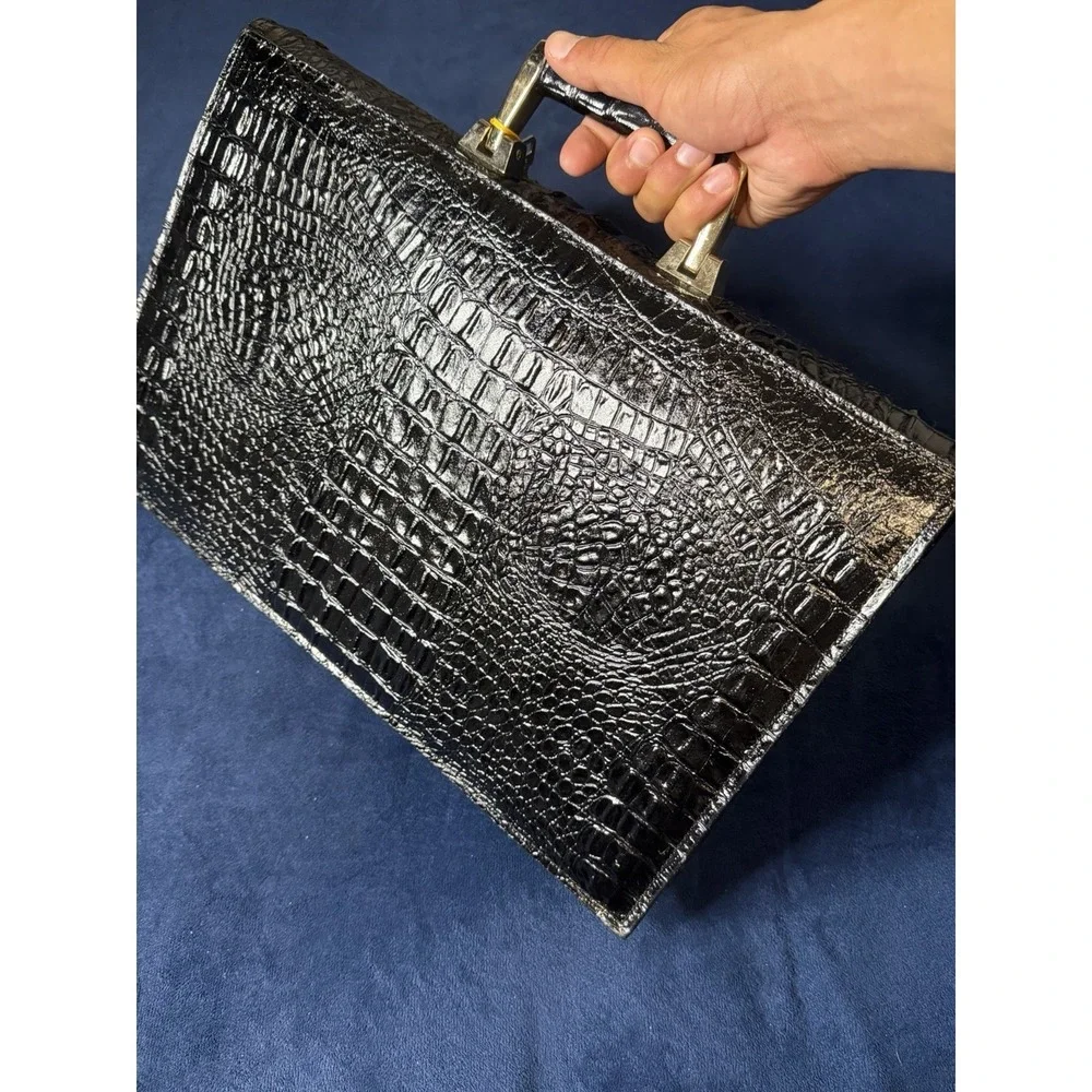 Vtg 1970s Swiss AMIET Leather Briefcase Alligator Embossed Black Genuine Leather